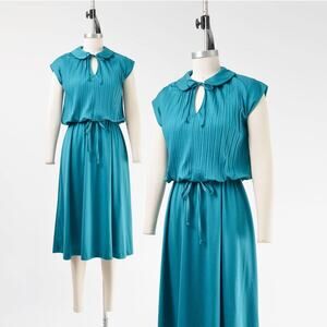 Vintage 70s Teal Knit Peter Pan Collar Blouson Cap Sleeve Flowy Midi Dress XS S